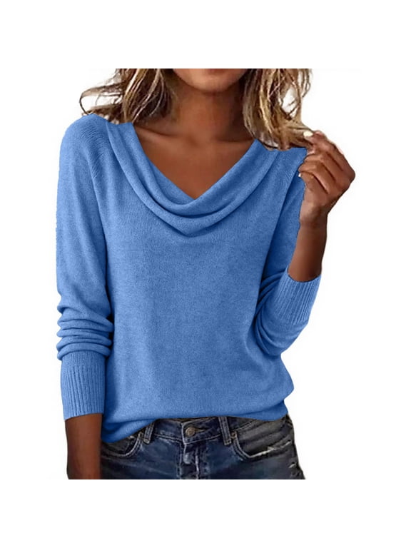 Women Cowl Neck Wrap Knit Sweater Draped Collar Long Sleeve Tunic Pullover Flowy Soft Lightweight Tops Baggy Loose Fit Comfy Cozy Elegant Outfits Lounge Travel Vacation Clothes Blue Xl