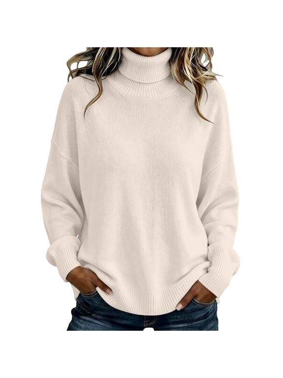 Womens Turtleneck Tunic Sweater Long Sleeve Ribbed Knitted Chunky Pullover Fall Winter Trendy Jumper Top Comfy Casual Soft Baggy Loose Fit Sweaters Lounge Vacation Clothes Beige L