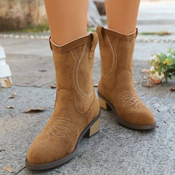 Dlongli Women's Cowboy Cowgirl Boots Embroidered Stitched Short Western Boots Low Chunky Heel Round Toe Ankle Booties