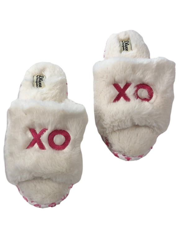 Dearfoams Womens Plush White XOXO Open Toe Slippers Shoes Medium (7-8)