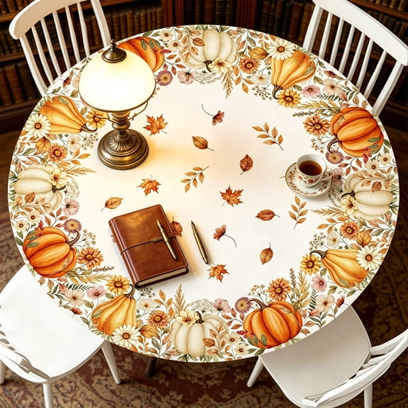 Dmlomu Thanksgiving Round Table Cloth, 47in Waterproof Table Cover, Wipeable No-Wash Fall Decorations for Home Dining Table Decor Holiday Party