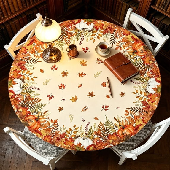 Dmlomu Thanksgiving Round Table Cloth, 47in Waterproof Table Cover, Wipeable No-Wash Fall Decorations for Home Dining Table Decor Holiday Party
