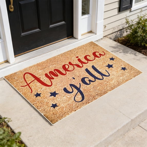 Dmlowu 4th of July Door Mat, Natural Coir Red Blue Star Welcome Mat, Lightweight Washable Front Door Mat for Indoor Outdoor Home Decor, Patriotic Decorations