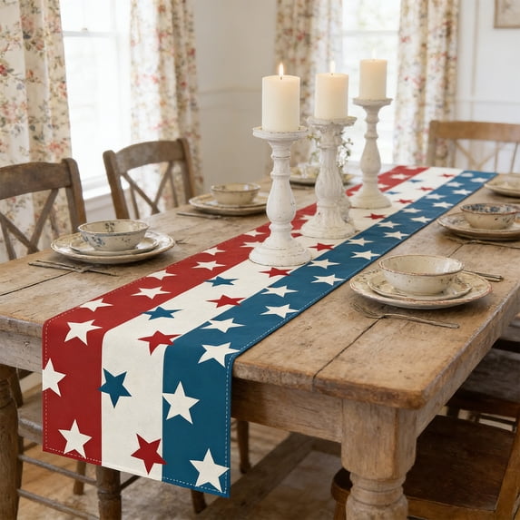 Dmlowu 4th of July Table Runner, Patriotic Table Cloth with Gnome and Star Pattern, Red White Blue Table Decor for Independence Day Dining, "13 x 35.4"
