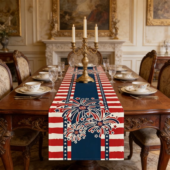 Dmlowu 4th of July Table Runner, Patriotic Table Cloth with Gnome and Star Pattern, Red White Blue Table Decor for Independence Day Dining, "13 x 35.4"