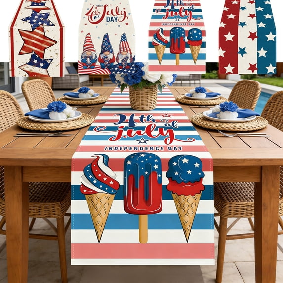 Dmlowu 4th of July Table Runner, Patriotic Table Cloth with Gnome and Star Pattern, Red White Blue Table Decor for Independence Day Dining, "13 x 35.4"