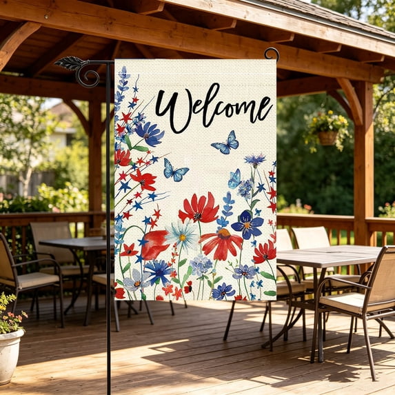 Dmlowu 4th of July Garden Flags, Patriotic Floral Welcome Yard Decorations Outdoor, Red White Blue Flower Pattern Decorative Flags for Porch Patio