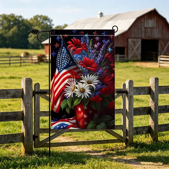 Dmlowu 4th of July Garden Flags, Patriotic Floral Welcome Yard Decorations Outdoor, Red White Blue Flower Pattern Decorative Flags for Porch Patio