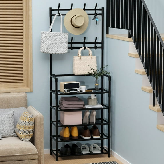 Dmlowu 5-Tier Entryway Coat Rack, Coat and Shoe Rack, Entryway Storage Organizer with 8 Hooks for Bedroom, Hallway, Office, Black