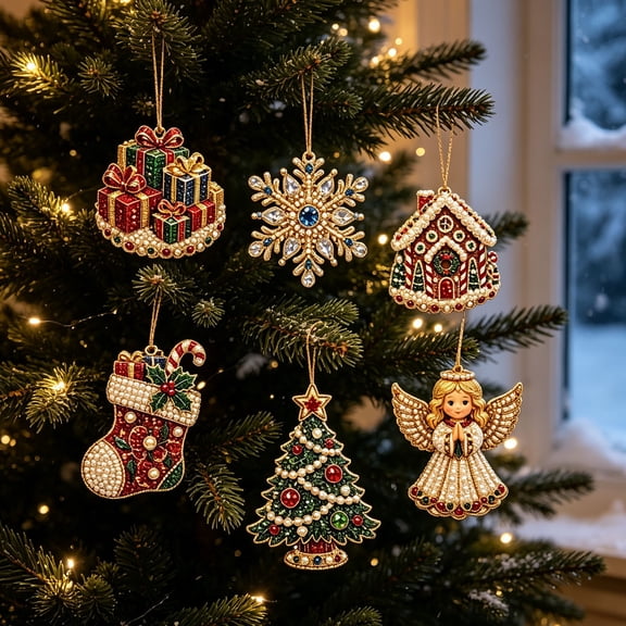 Dmlowu 6Pcs Christmas Ornaments, Pearl Rhinestone Diamond Art Kits with Holiday Themed Pattern, Hanging Christmas Decorations for Xmas Tree Wall Door