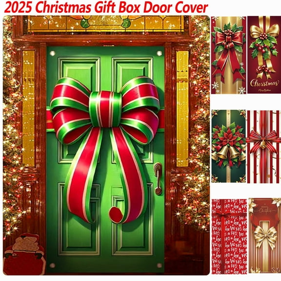 Dmlowu Christmas Decorations Door Cover - Merry Box Bowknot Christmas Door Cover, Christmas Tree Door Cover, 35x71 inch Christmas Door Covers Present for Holiday Party