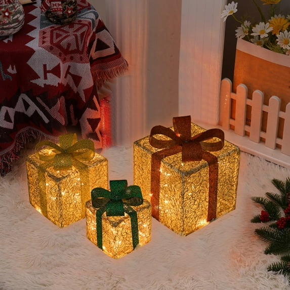 Dmlowu Christmas Decorations Lighted Gift Box - Christmas Lights Gift Boxes Set of 3, Light Up Gift Boxes with Lids for Presents Holiday Party Christmas Tree Decorations