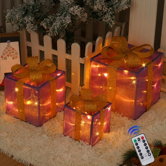 Dmlowu Christmas Decorations Lighted Gift Box - Christmas Lights Gift Boxes Set of 3, Light Up Gift Boxes with Lids for Presents Holiday Party Christmas Tree Decorations