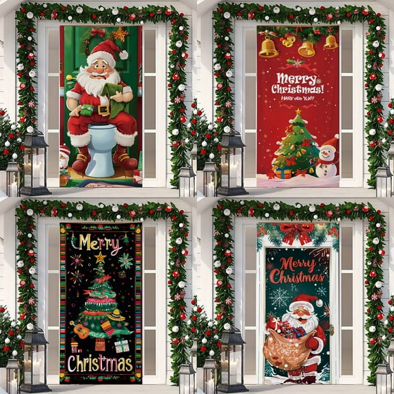 Dmlowu Christmas Door Cover - ​Santa Claus Merry Christmas Front Door Decorations, 35x73 inch Christmas Door Covers Gift for Holiday Party Christmas Decorations Indoor & Outdoor