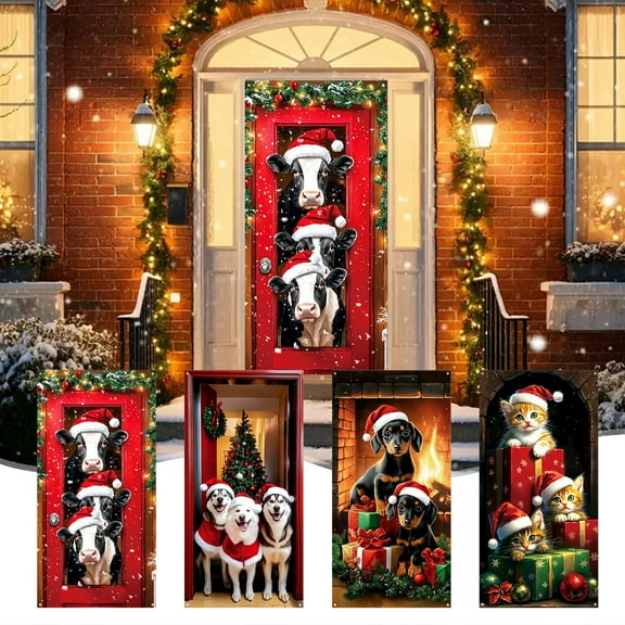 Dmlowu Christmas Door Decorations - Merry Christmas Door Cover, 35x71 inch Christmas Door Banner, Christmas Door Covers for Front Door, Pet Christmas Door Covers for Holiday Party