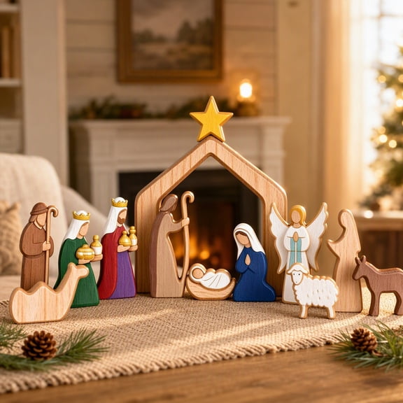Dmlowu Christmas Nativity Set, Wooden Nativity Set of 12 Figurines, Holy Family Religious Christmas Decorations for Desktop Mantel Holiday Decor