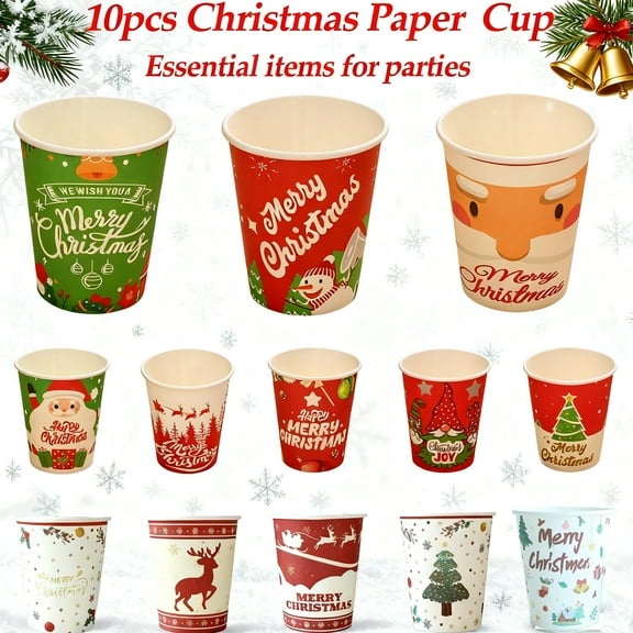 Dmlowu Christmas Paper Cups - 10pcs Disposable Cups & Coffee Cups for Xmas Decor, Exquisite Christmas Decorations Cups for Xmas Weddings Holiday Party Supplies