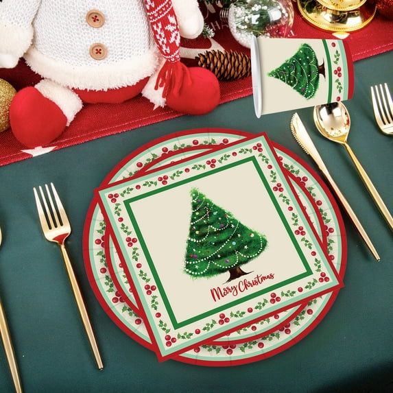 Dmlowu Christmas Paper Plates and Napkins Set - Christmas Tree Paper Plates, 10pcs Disposable Christmas Party Plates and Cups and Napkins Sets for Holiday Party Decor