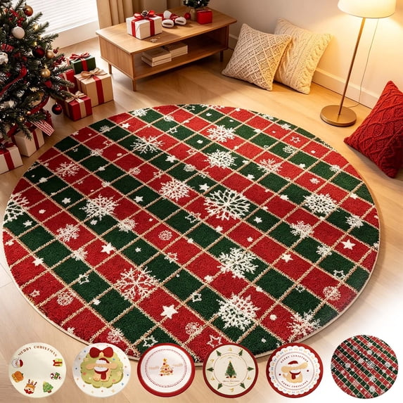 Dmlowu Christmas Round Area Rug, 31.5in Non-Slip Soft Plush Xmas Decorative Carpet for Living Room Bedroom, Christmas Decoraions Outdoor Indoor