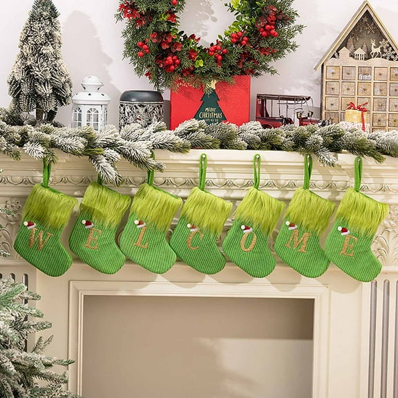 Dmlowu Christmas Stockings with Initials, Green Soft Knitted Plush Personalized Christmas Stockings for Christmas Tree Decorations, 6x8 Inch Christmas Stocking