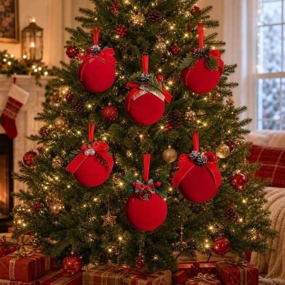 Dmlowu Christmas Tree Decorations, Shatterproof Red Christmas Ball Ornaments with Bow and Pinecones, Vintage Flocked Ornaments for Christmas Tree Holiday Decor