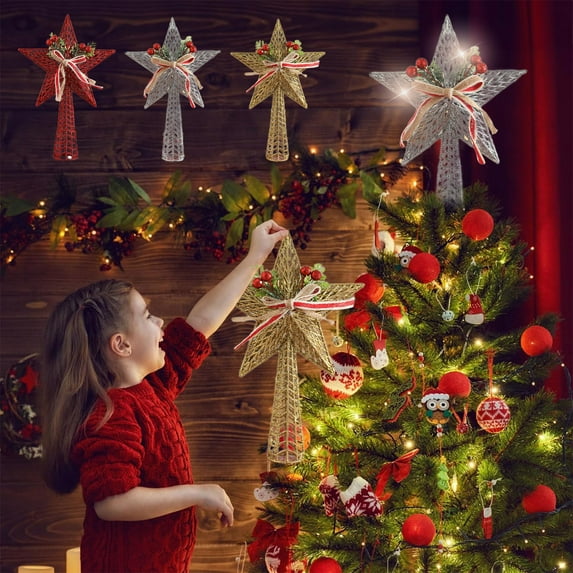 Dmlowu Christmas Tree Topper - 7x11" Glittered Star Xmas Tree Topper for Christmas Tree, Hollowed Shatterproof Christmas Tree Toppers for Holiday Party Home Decor