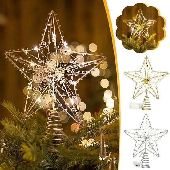 Dmlowu Christmas Tree Topper, Gold Glitter Hollowed Star Tree Topper for Christmas Tree Party Holiday Decorations, Metal Christmas Tree Toppers with Led Light