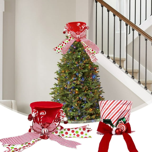 Dmlowu Christmas Tree Topper Hat - Large Xmas Tree Topper with Striped Bow Ribbon, Hollowed Christmas Tree Toppers for Holiday Party Home Decor, 8x8.6 inch
