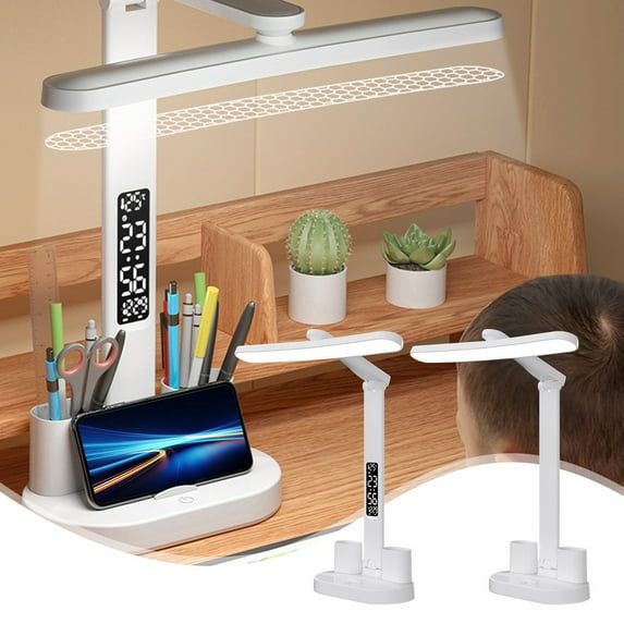 Dmlowu Desk Lamp Dimmable Table Lamp Flexible Cordless Lamp for College Dorm Room Bedroom Office Dormitory, Desk Reading Lamp with Organizer&Digital Clock , 11x13 Inch White