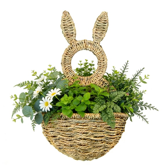 Dmlowu Easter Bunny Baskets - Woven Wicker Basket with Rabbit Ears, Imitation Rattan Flower Baskets with Handles, Portable Easter Eggs Storage Basket for Kids