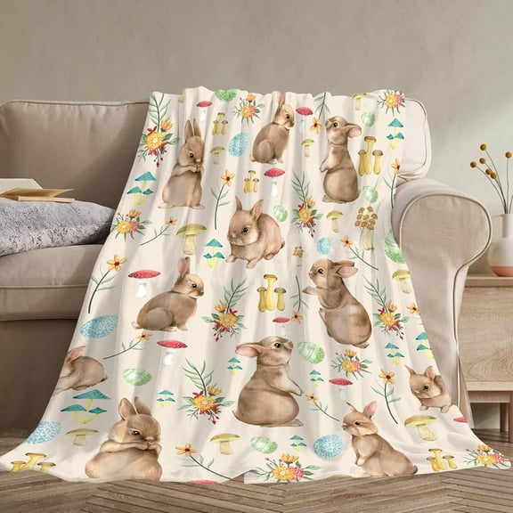 Dmlowu Easter Throw Blanket, Spring Bunny and Flower Eggs, Soft and Comfortable Easter Bunny Flannel Blanket, 39 x 51 Inch Bunny Blanket for Girls Boys Teens Adults