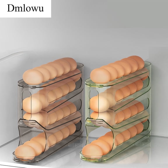 Dmlowu Egg Holder for Fridge, Clear 4 Tiers Auto Rolling Egg Holder with Smooth Glide Tray, Refrigerator Organizers and Storage Bin - Holds 30 Eggs