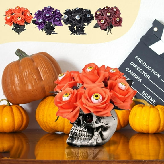 Dmlowu Halloween Decorations Rose Artificial Flowers Bouquet, 4x15 Inch No Fade Faux Flowers With Devil Eye, Scary Fake Fall Flowers for Halloween Decorations Outdoor & Indoor