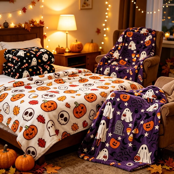 Dmlowu Halloween Flannel Throw Blanket, Cute Ghost Print Fleece Blanket for Sofa Couch Bedroom Office, All Season Decorative Nap Cover Thanksgiving Gifts