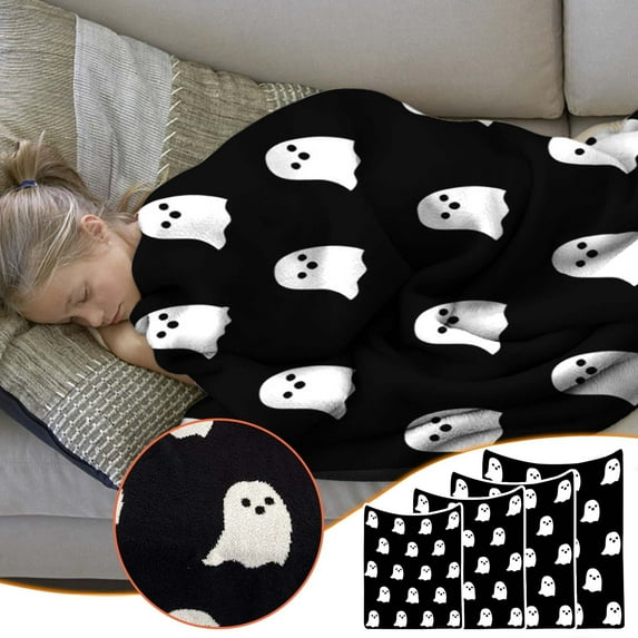 Dmlowu Halloween Ghost Blanket, 51x59 inch Extra Soft Throw Blanket, Warm Fleece Blanket for Holiday Party Thanksgiving Halloween Decorations, Fluffier Black Cooling Blanket