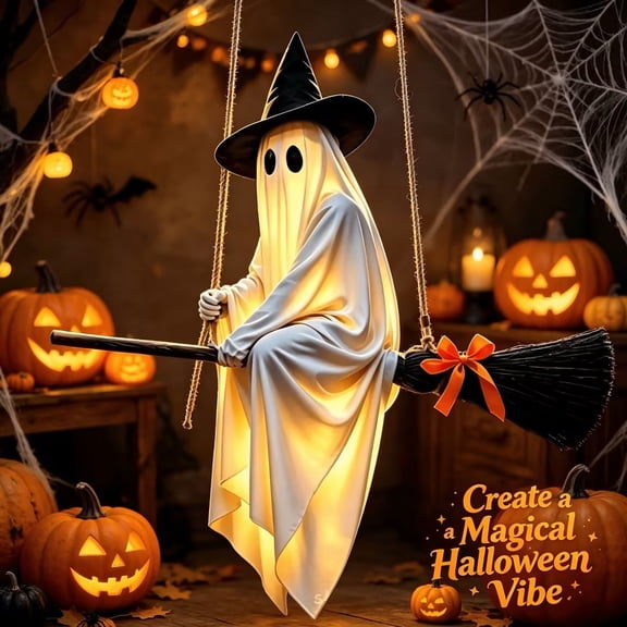5 FT Hanging Ghost Decor, Early Halloween Decorations Light-Up Flying Ghost on Broomstick with Witch Hat, Witch Broom, Spooky Cute Outdoor Halloween Decorations for Front Porch Yard Tree