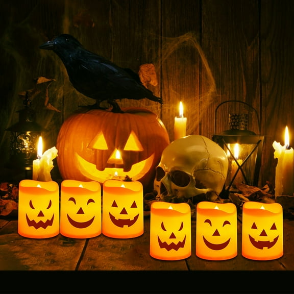 Dmlowu Halloween Led Candles, 6pcs Halloween Lights Flameless Candles, Scary Tea Lights Candles Battery Operated for Halloween Decorations Outdoor & Indoor, 2 inch Tea Pumpkin Lights