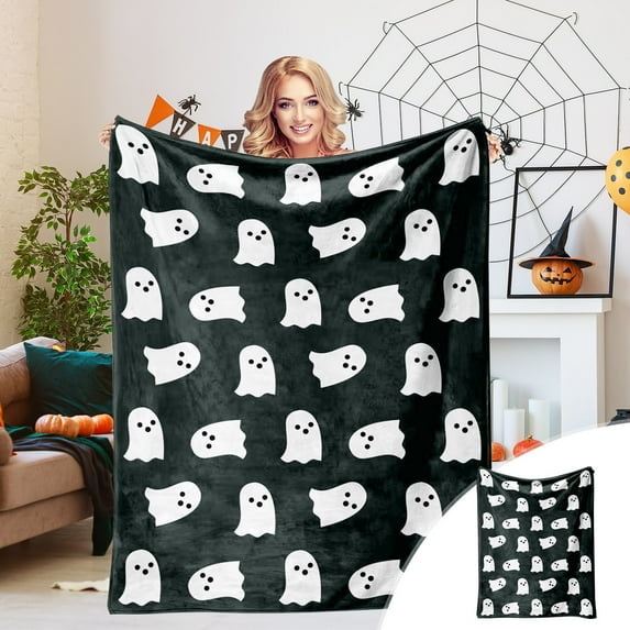 Dmlowu Halloween Throw Blanket, Soft Warm Ghost Throw Blanket, Fluffier Black Fleece Blanket, 59x79 inch Fall Throw Blanket for Holiday Party Halloween Decorations Outdoor & Indoor