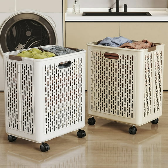Dmlowu Large Laundry Basket - Foldable Laundry Hamper with Wheels & Handle, Waterproof Clothes Hamper for Bathroom Bedroom Living Room College Dorm, 15x18 inch Storage Hamper