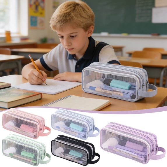 Dmlowu Mesh Clear Pencil Case, Double Layer Large Capacity Pencil Pouch with Carry Handle, Portable Handheld Visual Pen Bag for Elementary & Middle