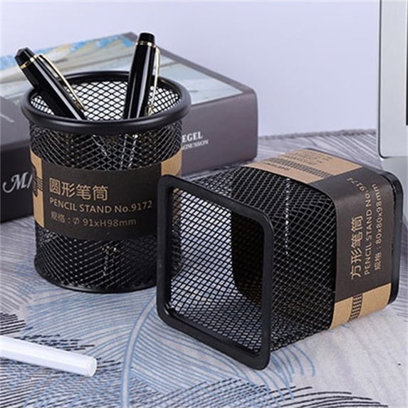 Dmlowu Mesh Desk Organizer, Single Compartment Metal Pen Holder, Sleek Black Square Shaped Pencil Holder for Home Office Classroom Workspace