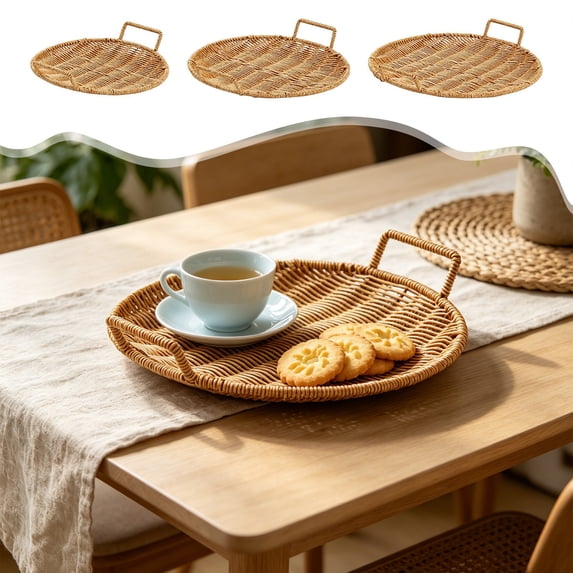 Dmlowu Round Woven Serving Tray, Flat Base Food Food Baskets with Dual Handles, Decorative Food Tray for Breakfast Bread Coffee Grape Candy Table Decor 1 Pack