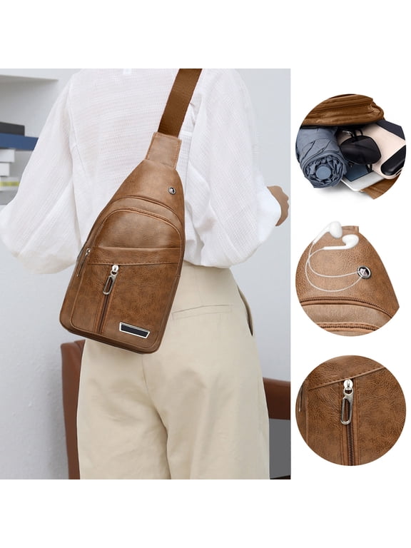Sling Bag for Women Men, Unisex Multi Pocket Leather Shoulder Bag, Reversible Adjustable Strap Small Backpack for Travel Cycling Hiking Daily Commute