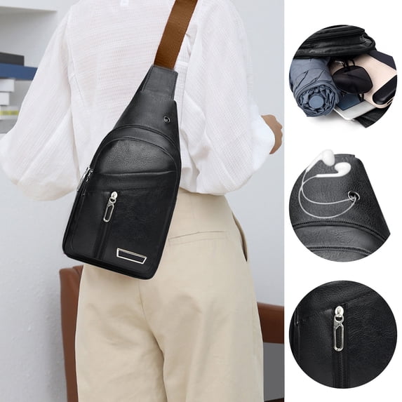 Dmlowu Sling Bag for Women Men, Unisex Multi Pocket Leather Shoulder Bag, Reversible Adjustable Strap Small Backpack for Travel Cycling Hiking Daily Commute