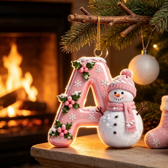 Dmlowu Snowman Alphabet Christmas Ornaments, Acrylic Initial Christmas Tree Ornaments, Christmas Decorations Indoor, Pink Letter A