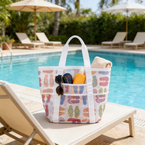 Dmlowu Tropical Print Mesh Beach Bag, Large Capacity Nylon Tote Bags with Multiple Pockets, Lightweight Personal Item Travel Bag for Pool Swim Vacation