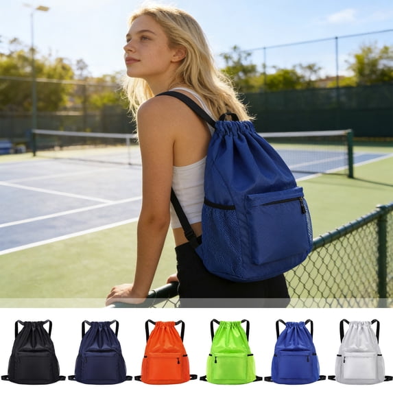 Dmlowu Waterproof Gym Bag for Men Women, Lightweight Foldable Drawstring Backpack with Multi Compartments, Large Capacity Sports Bag for Football Tennis Swimming