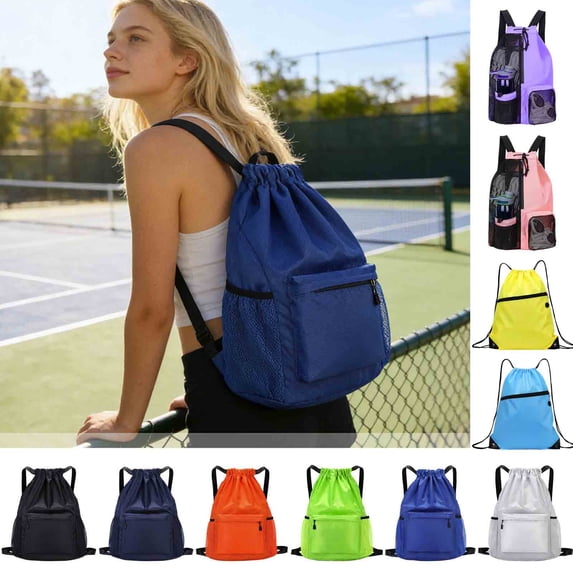 Dmlowu Waterproof Gym Bag for Men Women, Lightweight Foldable Drawstring Backpack with Multi Compartments, Large Capacity Sports Bag for Football Tennis Swimming