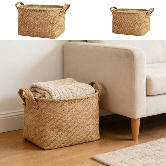 Dmlowu Wood Woven Storage Basket with Handles, Storage Containers for Toys Clothes Towels Gifts, Vintage Handmade Wicker Wardrobe Shelf Storage Bins