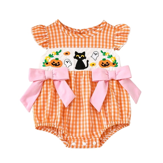 Dmsael Baby Girl Halloween Outfit Long Sleeve Bubble Romper Fall Winter Clothes Pumpkin Print Smocked Bodysuit (Orange,0-3 Months)